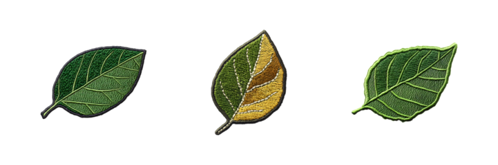 Set of Leaf embroidery patch isolated on transparent background, in PNG format, cut out