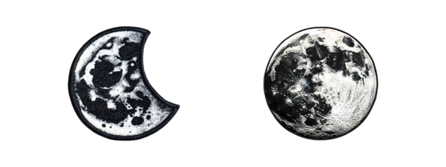 Moon embroidery patch isolated on transparent background, in PNG format, cut out