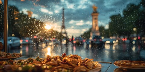 Vivid cityscape scene featuring rainy night with reflections illuminated streetlights wet pavement urban atmosphere and vibrant city lights creating a captivating nighttime