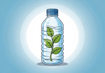 Water Bottle with Plant Inside, Cartoon style, Liquid, Isolated, Blue Background