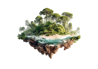 Floating island with lush vegetation and a beach