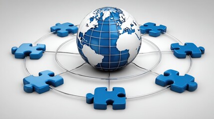 Blue Puzzle Pieces Surrounding a Globe on a Light Background Illustrating Global Connections and Cooperation