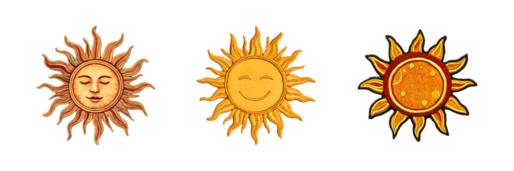 Set of Sun embroidery patch isolated on transparent background, in PNG format, cut out
