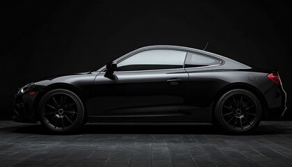 Sleek black modern sports coupe showcased under dramatic lighting, highlighting aerodynamic lines, tinted windows, and premium alloy wheels in a studio setting.