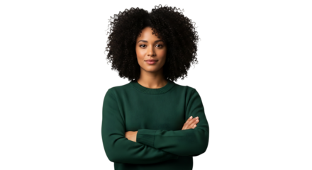 Young woman with afro hair wearing a green sweater, isolated on transparent background