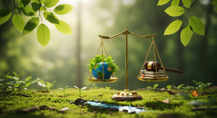 Scales balancing earth with greenery and a gavel on books in a lush green environment outdoors