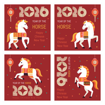 A set of square geometric style 2026 Chinese New Year Horse greeting cards. Suitable for social media
