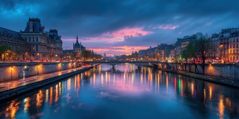 Stunning city skyline with illuminated buildings reflecting on the river at dusk showcasing vibrant urban scenery modern architecture and scenic water views