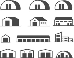 Warehouse icon set, industrial storage building, flat design, factory warehouse, commercial shed, barn, hangar, editable vector illustration
