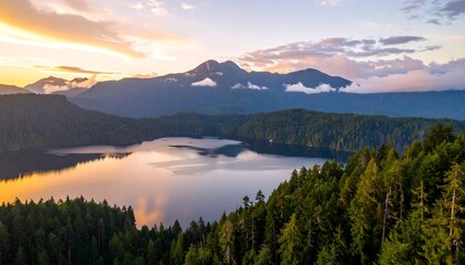 Panoramic sunrise over a serene mountain lake nestled in a dense forest