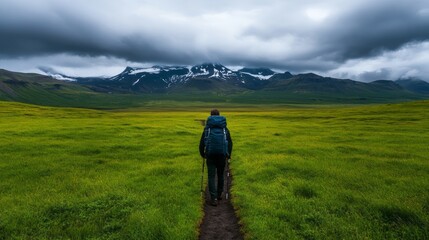 Hiker Exploring Lush Green Landscape Under Dramatic Cloudy Sky with Majestic Mountains