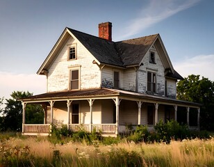 Old farmhouse in a field at sunset