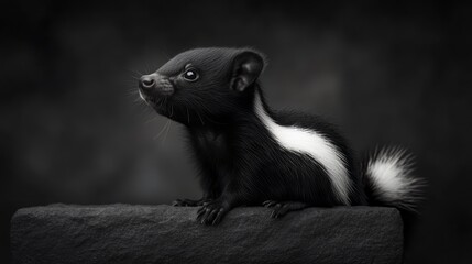 Obraz premium Striking Black and White Animal Portrait of a Skunk Sitting on a Rock Against Dark Background