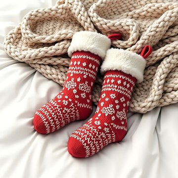 Cozy Red and White Christmas Socks with Knitted Blanket on Soft Bedding