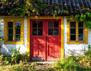 Old, colorful cottage with red door