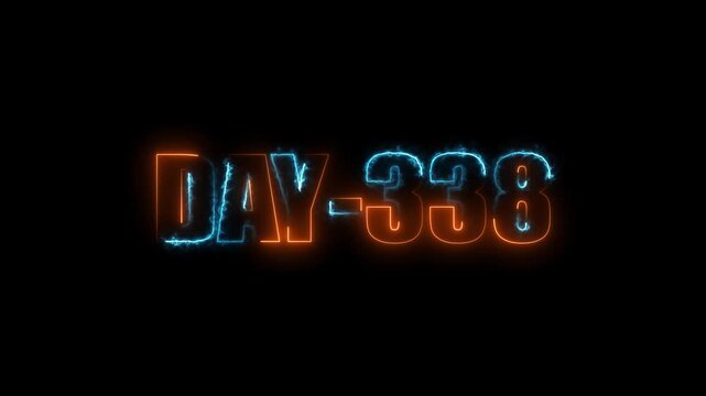 Neon text day-338 animation on black background.calender, text,number, days, date, countdown neon text concept.