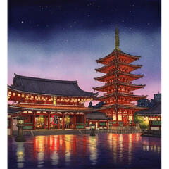 Obraz premium Nighttime view of a Japanese temple complex with a pagoda, illuminated by lanterns and reflecting in a pool of water.