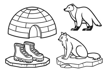 Vector art of arctic animals and igloo doodle, vector illustration