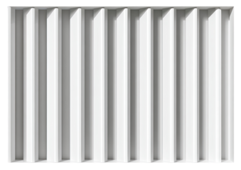 White, geometric, panelled surface.  Rows of angled, rectangular slots create a repeating pattern