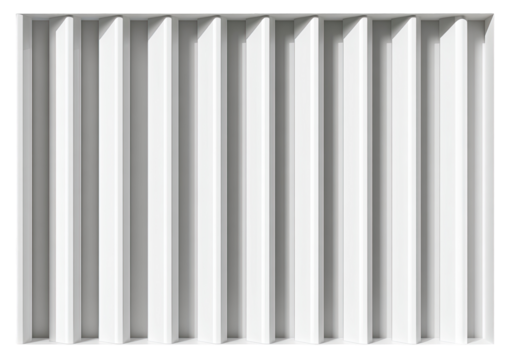 White, geometric, panelled surface.  Rows of angled, rectangular slots create a repeating pattern