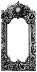 A black framed mirror with a gold ball on top