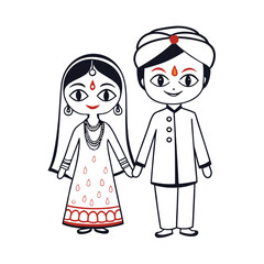 Charming Cartoon Depiction of an Indian Bride and Groom Holding Hands, Celebrating Tradition and Togetherness in a Simple Style