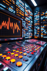 Complex control panel with illuminated buttons and waveform display and restricted focus. Perfect for illustrating technology, data analysis, and control systems