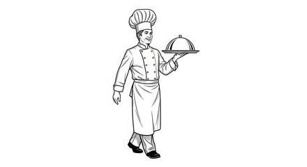 Skilled chef in uniform presents a delicious dish under a silver cloche ready for serving exquisite cuisine