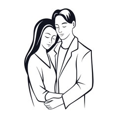 Elegant Line Art Depicting a Romantic Embrace Between a Couple in Formal Attire Symbolizing Love and Commitment