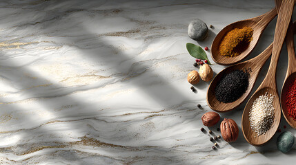 Wooden spoons filled with various spices on a marble surface