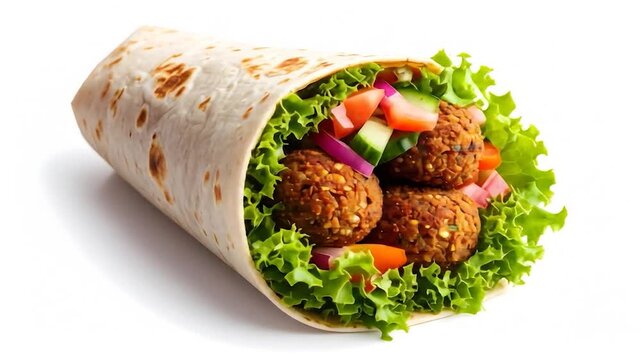 Falafel wrap filled with lettuce, tomato, cucumber, and onion