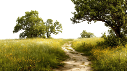 A grassy path through a field of wildflowers