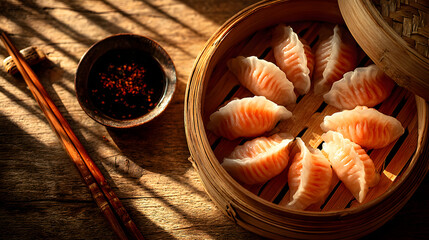 A bamboo steamer of dumplings, soy sauce, and chopsticks on a woven mat.