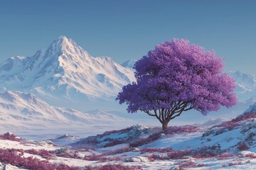 Solitary purple tree in snowy landscape with mountain range