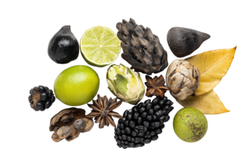 Colorful and textured assortment of fruits and botanical elements