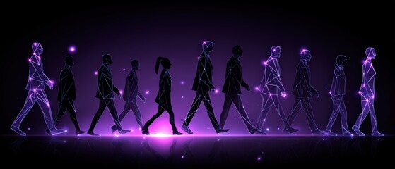 Futuristic digital representation of human evolution progression with glowing outline figures walking forward on dark background