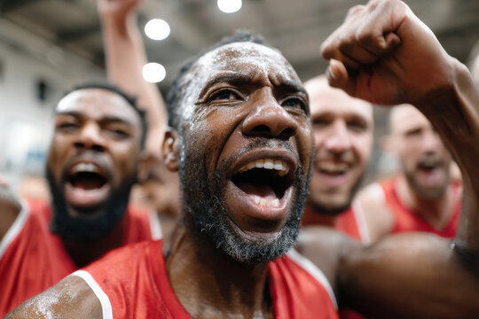 A basketball team celebrating after victory
