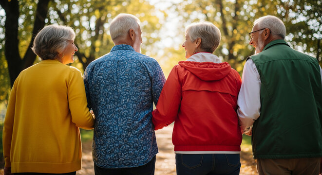 A group of senior friends holding hands and smiling as they walk through the nature in a park on a sunny day - Powered by Adobe