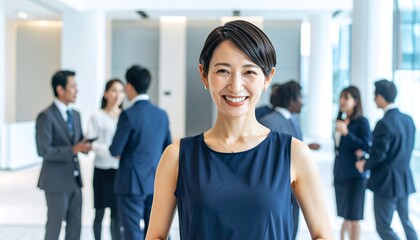 Obraz premium Business people in a modern office setting. Smiling woman at center