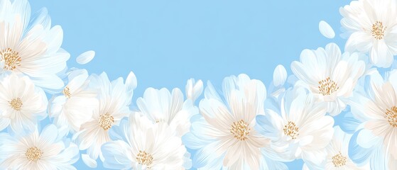 Fototapeta premium Bright white flowers with delicate petal detail on a soft blue background, perfect for sp, nature, floral, and botanical themes