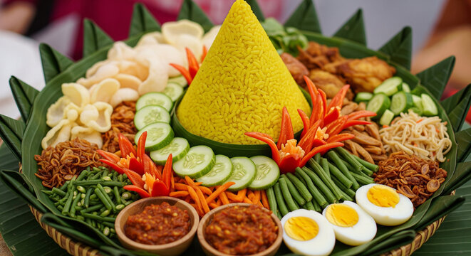 Yellow tumpeng rice with visible grains of rice, decorated with fresh vegetables in Indonesian festive tradition.
