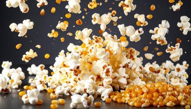 Close-up of vibrantly falling popcorn and corn on a black background
