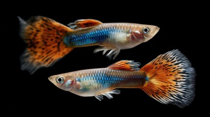 Fototapeta premium Two colorful guppy fish with vibrant orange and blue fins swim against dark black background showcasing intricate tail patterns
