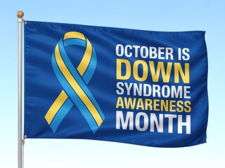 October is down syndrome awareness month flag with blue and yellow ribbon