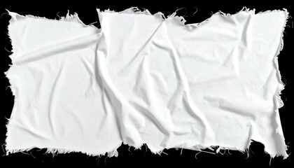 Torn white fabric on black background, frayed textile edges and texture, suitable for design, fashion, grunge, or creative projects.