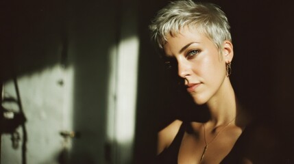 Fototapeta premium Elegant Woman with Short Hair Styled in Chic Black Dress Exudes Confidence and Grace in Captivating Portrait Set Against Soft Neutral Background