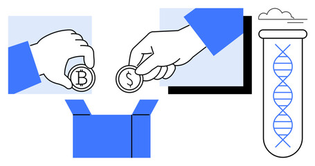 Hands holding Bitcoin and dollar coins, adding to a box test tube with a DNA strand inside. Ideal for blockchain, investment, genetics, research funding, biotech, innovation, science simple flat