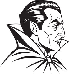 A stylized, black-and-white profile of a vampire with a prominent widow's peak and fangs.