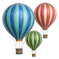 Obraz premium Three colorful hot air balloons with blue green and red stripes floating in the sky isolated on transparent background