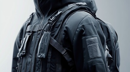 Close-up of tactical black jacket and backpack on an anonymous mannequin